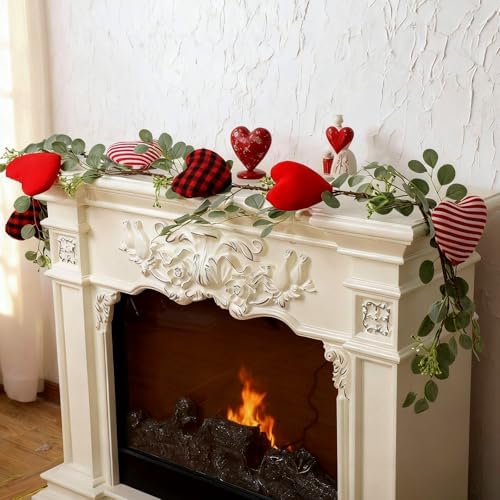 Zeyune 6ft Valentine's Day Decor Heart Long Garland for Mantel Artificial Eucalyptus Leaves and Fabric Hearts for Valentine Front Door Kitchen Fireplace Home Indoor Outdoor - Image 6