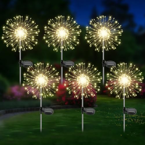 Solar Garden Lights Outdoor, 6 Pack 120 LED Twinkling Firework Lights Decorative with 2 Modes, Outdoor Waterproof Solar Starburst Light for Yard Pathway Planter Patio Decor, Warm White by Unknown