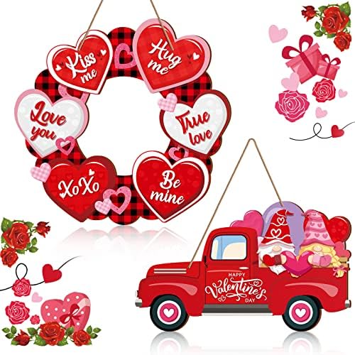 2 Pcs Happy Valentine's Day Signs Wreath Heart Hanging Wooden Door Sign Truck Gnome Valentine's Day Wall Decor for Home Wedding Anniversary Party, 2 Styles by Glenmal