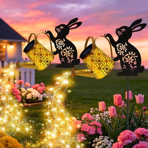 Solar Watering Can Lights, 2 Pack Bunny Hanging Lantern Solar Lights Outdoor, Rabbits Lover Gifts for Mom Women Birthday Mother's Day, Waterproof Garden Decor Outside Patio Yard Pathway Backyard by yulloyello