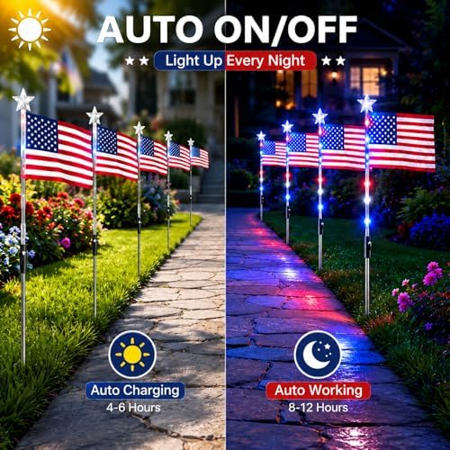4th of July Decorations Solar American Flag Lights, 8 Pack USA Flags Garden Lights with 8 Lighting Modes, Waterproof Solar Flag Patriotic Lights for Independence Day 250th Anniversary (Blue - Flag) - Image 5