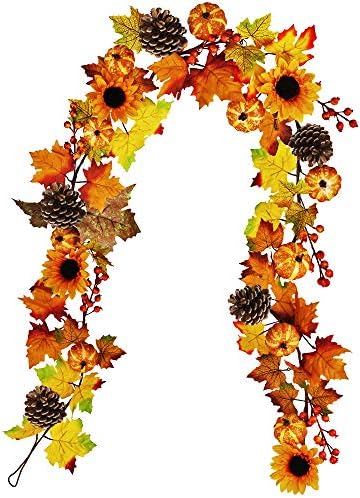 Winlyn Fake Fall Maple Leaf Garland Hanging Vine- 6 Feet - Artificial Berries Sunflower Pumpkin Autumn Decoration for Wedding Party Thanksgiving Dinner Fireplace Door Frame Doorway Backdrop Decor by Winlyn