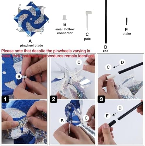 Hausse 10 Pack Reflective Pinwheels with Stakes (Assembly Required), Extra Sparkly Pin Wheel for Garden Decor, Bird Repellent Devices Deterrent to Scare Birds Away from Yard Patio Farm, Blue - Image 6