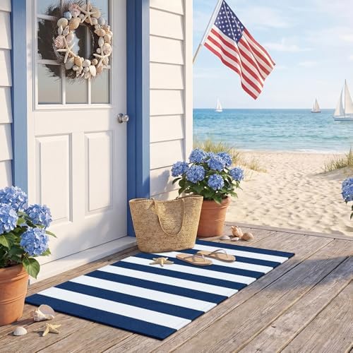 Duraaamo Nautical Navy White Stripe Outdoor Rug 2' X 3' for Front Porch - Image 4