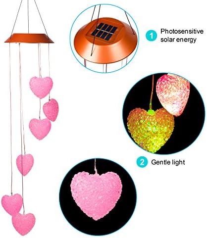 Loving Heart Solar Wind Chimes Outdoor Hanging - Waterproof Solar Powered LED Changing Lights Color Mobile Romantic Wind-Bell 6 Heart-Shaped Wind Chimes Gifts for Home, Party, Night Garden Decoration - Image 2