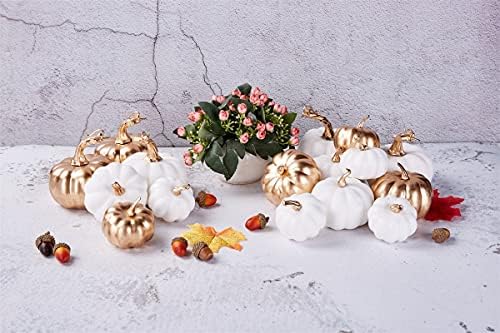 Artmag 16 Pcs Assorted Fall Artificial Pumpkins Harvest White Faux Pumpkins and Gold Plating Pumpkins for Halloween Fall Thanksgiving Decorating Displaying - Image 2