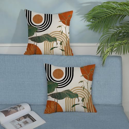 Boho Orange Pillow Covers 20x20 Set of 2 Gold Green Leaf Tropical Mid Century Throw Pillows Outdoor Bohemian Abstract Modern Decorative Pillowcase Farmhouse Cushion Case for Couch Sofa Decor - Image 4