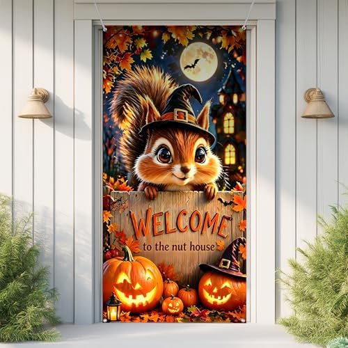 Halloween Door Cover 35.4x70.8in, Cute Squirrel Witch Hat Welcome to The Nut House Front Porch Banner, Jack-o-Lantern Pumpkin Fall Backdrop for Indoor Outdoor Home Yard Decorations - Image 6
