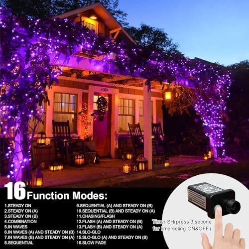LAMPHOME Halloween Lights, 99ft 300LED Light Purple String Lights, Clear Wire 16 Modes LED Waterproof Indoor Outdoor Purple Christmas Lights Plug in, Halloween Bedroom Garden Party Decor - Image 3