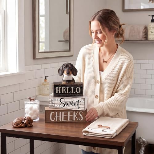 Moucuny 4 Pcs Farmhouse Dachshund Bathroom Decor, Hello Sweet Cheeks, Wood - Image 6