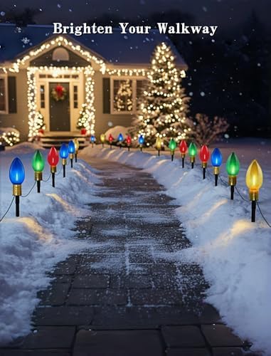 C9 LED Christmas Pathway Lights 7Ft Multicolor Pathway Christmas Lights Walkway Light Outdoor with 4 Colorful Clear Bulbs, Connectable Holiday Commercial Xmas Decoration- Green Wire - Image 6