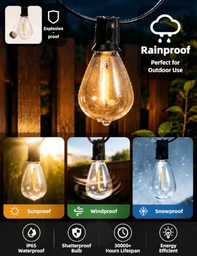 Solar String Lights Outdoor, 50FT Patio Lights with Remote, 3 Modes & 4 Brightness Levels, Waterproof Shatterproof S14 LED Edison Bulbs, 2700K Warm White for Backyard, Porch, Deck, Garden - Image 2