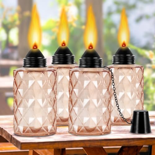 Glass Table Top Torch, Outdoor Torch Canisters 12 oz,Refill Canister with Wicks and Covers, Patio Metal Torch for Luau Party, DIY Garden Decor (4 Packs) (Orange) by TaoTazon
