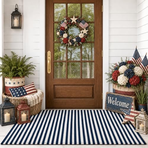 Moucuny 2'4'' X 3'7'' Narrow Navy and White Patriotic Vertical Stripe Rug - Image 2