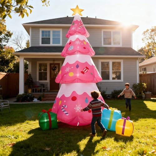 12 FT Pink Christmas Tree Inflatables Outdoor Decorations, Blow Up Candy-Themed Xmas Tree with Rotating Projection for Garden Lawn Holiday Decor - Image 3