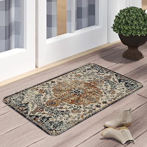 Boho Style Door Mat, Welcome Doormat for Indoor/Outdoor Entrance, Non-Slip Machine Washable Bohemia Floor Mat for Farmhouse Patio Entry & Mudroom Retro Blue Floral Rug Decor 17x30 Inch - Image 4