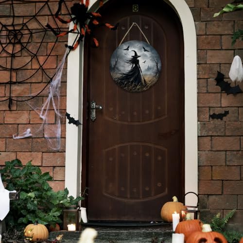 Halloween Gothic Witch Round Door Sign, 10 Inch Wooden Hanging Plaque with Rope, Rustic Retro Wall Decor for Home Porch Entryway Halloween Party Decoration - A07 - Image 5