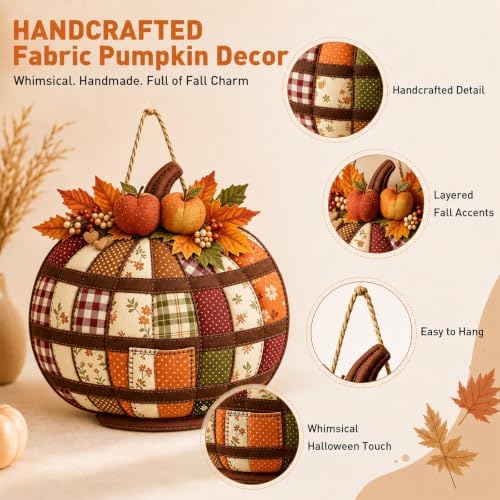 Autumn Retro Patchwork Pumpkin Door Hanging with Lights, F - Image 2