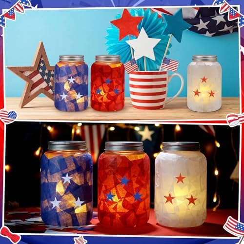 Qinyoung 12 Pcs Memorial Day Crafts Independence Day Mason Jars Craft with LED Candle Light DIY 250th Anniversary Patriotic 4th of July Decorations for Memorial Independence Projects Activity - Image 4