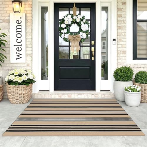 KOZYFLY 3'x5' Striped Area Rug, Brown and Black Woven Cotton Outdoor Rug by KOZYFLY