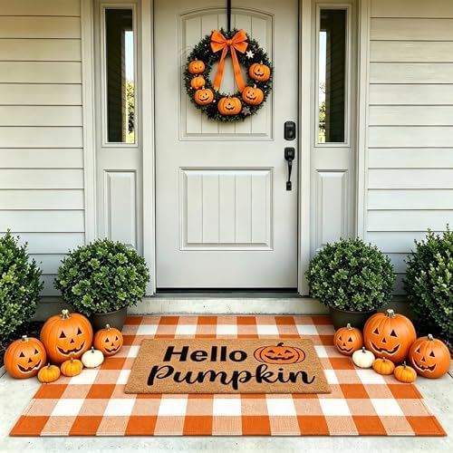 Fall Decor Halloween Layered Front Doormat Set, Hello Natural Coco Coir Door Mat + 3'x5' Orange White Buffalo Plaid Rug, Non-Slip Porch Rug Outdoor Entryway Decor for Front Porch, Patio - Image 4