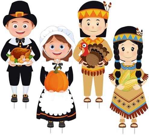 Yuntau 4 Pcs Large Thanksgiving Pilgrim Boy and Girl and Native American Boy and Girl Yard Sign Decor with Stakes Waterproof Outdoor Garden Pumpkin Turkey Yard Stake Autumn Lawn Decor,14 x 35 Inch - Image 6