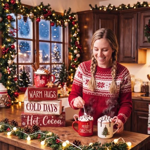 Lineshading 4 Pcs Wooden Hot Cocoa Block Signs Tiered Tray Decor with Mug - Image 6