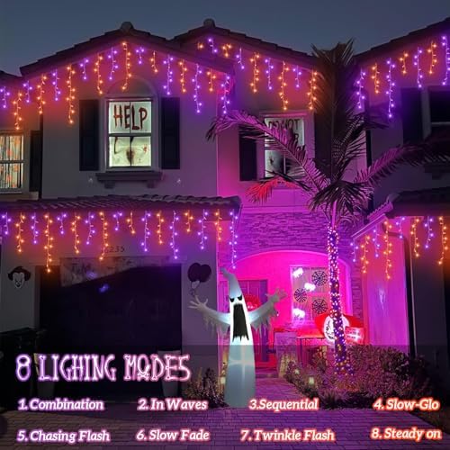 YEGUO 33ft 400 LED Orange and Purple Icicle Halloween Lights, 80 Drops Icicle Lights Connectable, 8 Modes Icicle Christmas Light with Memory Timer - Image 4