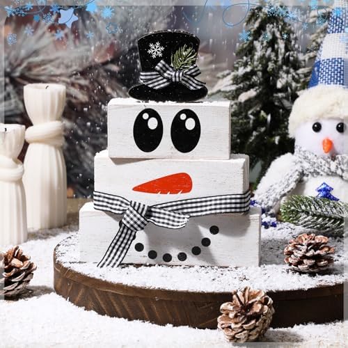 Moucuny 4 Pcs Wooden Snowman Blocks Tiered Tray Decor Farmhouse Table - Image 2