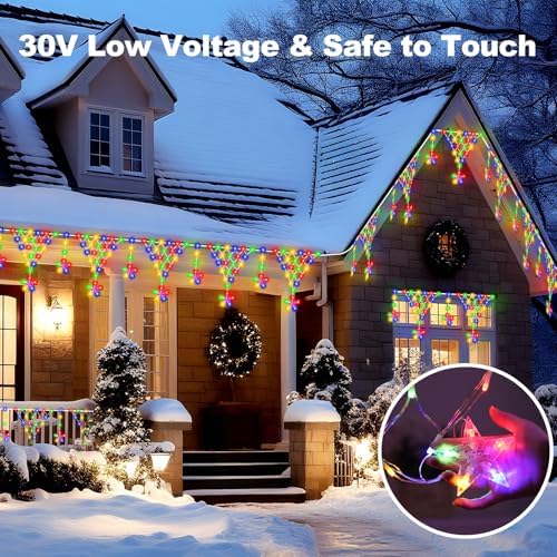 (New) Outdoor Christmas Lights, 13.8ft 218 LED Christmas Curtain Lights, Icicle String Lights with 11 Drop Stars for Curtain, Indoor, Garden, Patio, Wedding, New Year, Home Decoration - Multicolor - Image 5