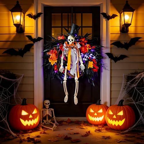 HipTree 28 Inch Halloween Skeleton Wreath for Front Door with Lights - Image 5
