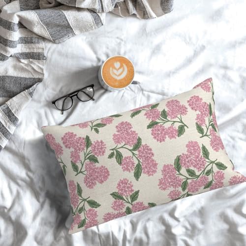 Preppy Pink Pillow Covers 12x20 Inch 2 Pcs Green Hydrangea Flower Decor Throw Pillows Vintage Floral Seasonal Spring Summer Outdoor Decoration Pillowcase Linen Cushion Cover for Couch Sofa - Image 3