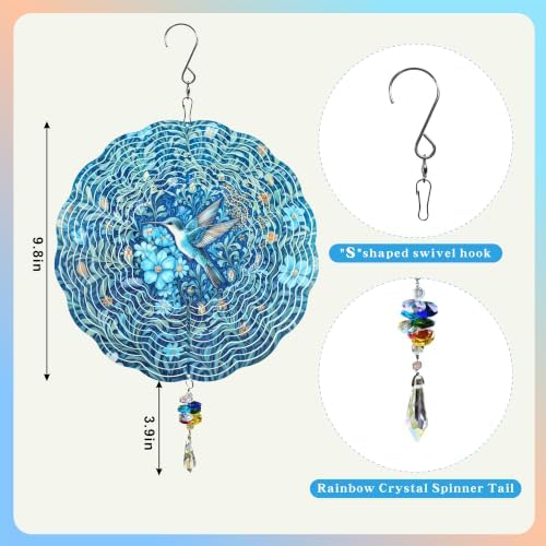 10 Inch 3D Hummingbird Wind Spinner with Crystal Pendant, Teal Floral Metal Mandala Hanging Spinner, Kinetic Wind Sculpture for Outdoor Yard, Garden, Patio, Balcony Decor - Image 3