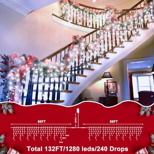 XURISEN 1280 LED 132ft Christmas Lights Outdoor with 240 Drops 8 Modes Curtain Fairy Lights Plug in Waterproof Timer Memory Function String Lights for Christmas Holiday Wedding Party Decor(Cool White) - Image 5