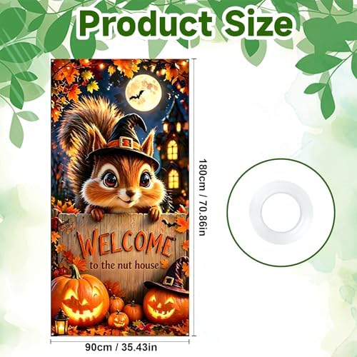 Halloween Door Cover 35.4x70.8in, Cute Squirrel Witch Hat Welcome to The Nut House Front Porch Banner, Jack-o-Lantern Pumpkin Fall Backdrop for Indoor Outdoor Home Yard Decorations - Image 3