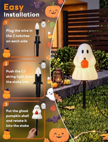 Oviejo Halloween Ghost Pathway Lights, 4 Pack 7 FT Plug in LED Stake Lights - Image 5