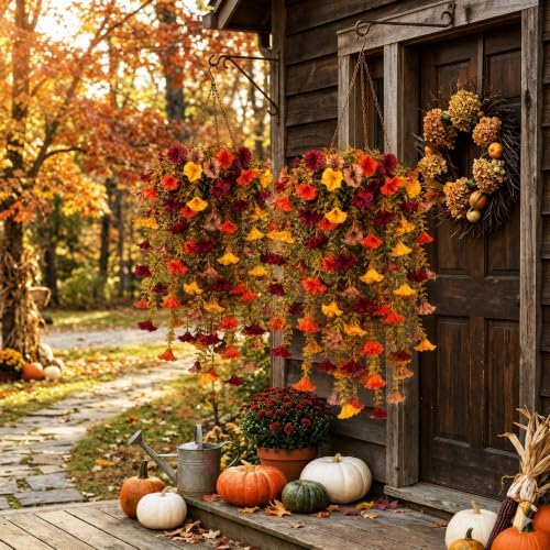 6 Pcs Fall Artificial Hanging Flowers Outdoor, 30 Inch Burgundy Brown Orange Yellow Morning Glory Vines UV Resistant Fake Hanging Plants Silk Flowers for Garden Porch Patio Window Box Decor - Image 3