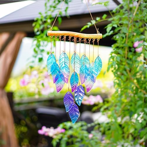 YU FENG 12.5 Inch Handmade Stained Glass Leaf Wind Chimes Window Decor - Image 4