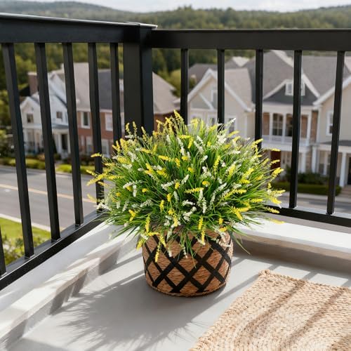 Ammyoo Artificial Faux Plants for Outdoor Spring Decoration, 12 Pcs Fake Monkey Grass for Garden Porch Balcony Planters, Fake Flowers Shrubs UV Resistant No Fade Plants Greenery Bush(Yellow White) - Image 3
