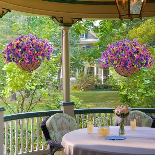 Artificial Fake Hanging Flowers with Basket for Outdoor Decor 12 Pcs UV Resistant Faux Silk Morning Glory Flowers Plants for Outdoor Outside Planters Home Porch Patio Balcony Spring Summer Décor - Image 5