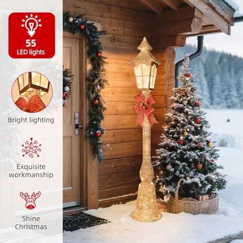 HOYECHI 5.2FT Christmas Decorations Outdoor Street Lamp, Lighted Streetlight with 55 Lights, Waterproof Yard Lawn Porch Patio Pathway, Xmas Holiday Garden Decor - Gold - Image 2