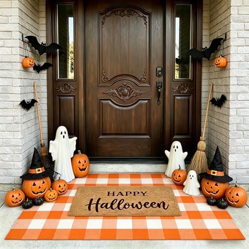 SEEKSEE Happy Halloween Decor Doormat Set, Thick Coco Coir Door Mat + Orange and White Buffalo Plaid Rug, Outdoor Layered Mat for Front Door Non-Slip Backing Floor Mat for Porch by SEEKSEE