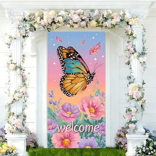 NYZE Butterfly Welcome Spring Door Covers For Front Door 35.4 x 70.8 Inch Door Banner Spring Porch Backdrop Sign Outdoor Indoor Spring Decorations - Image 6