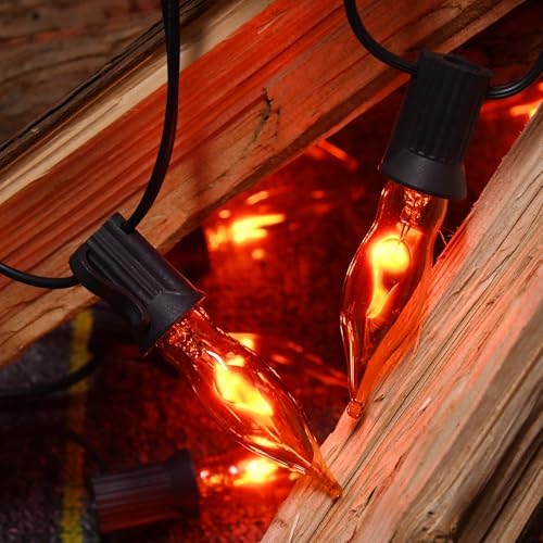 PASUTO Flickering Flame String Lights Orange Halloween Lights with 10 Pack C7 Orange Flickering Light Bulbs, 12.8Ft Flame String Lights for Fall Decor Halloween Decorations for Home Party Yard Porch - Image 6