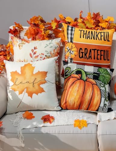 TOYPOPOR Fall Decorations Pillow Covers Double-Side Printing 16'' x 16'' Set of 4, Pumpkins Thankful Blessed Buffalo Plaid Fallen Leaves Thanksgiving Throw Cushion Cases for Outdoor Indoor Home Decor - Image 3