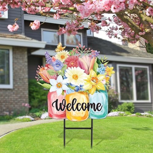 JarThenaAMCS Spring Flower Metal Garden Stakes Colorful Floral Vase Decorative Lawn Sign Welcome Yard Sign for Home Outside Lawn Porch Walkway Decor - Image 3