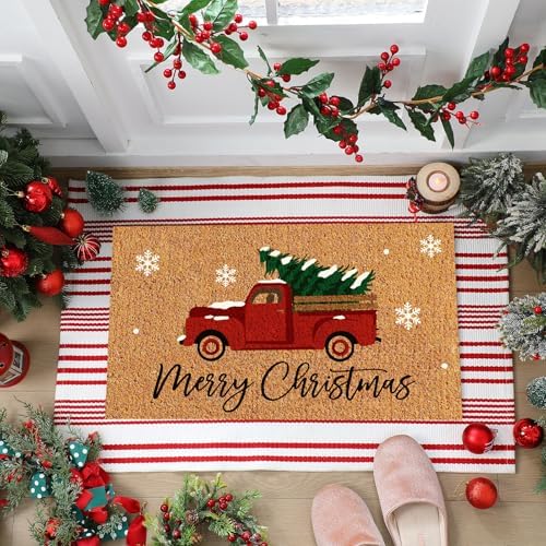 Duraaamo 2 Pcs Merry Christmas Door Mat Outdoor Christmas Nature Coir Welcome Rug Red White Striped Outdoor Rug for Xmas Front Porch Indoor Entrance Decor - Image 5