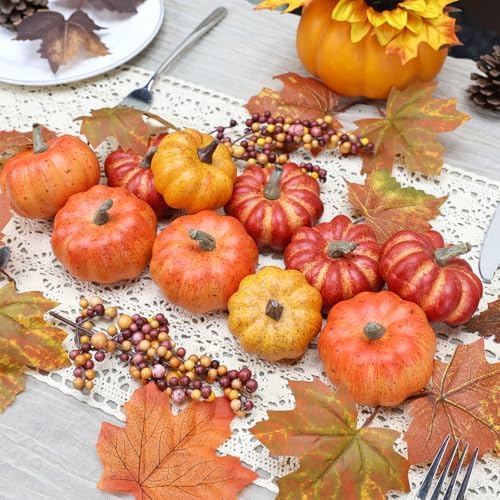 Realistic Mini Pumpkin Decor Indoor 16PCS Artificial Pumpkins for Fall Decorations for Home Fall Centerpieces for Tables Outdoor Thanksgiving Halloween Party/Berries Maple Leaf Autumn Fillers decor - Image 6