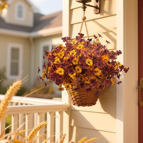 Grunyia 16 Bundles Artificial Fall Mums with Eucalyptus, Faux Daisy UV Resistant Outdoor Decor - Autumn Orange Flowers for Front Door Porch Planter, Patio, Thanksgiving Christmas (Fall Yellow&Red) - Image 6