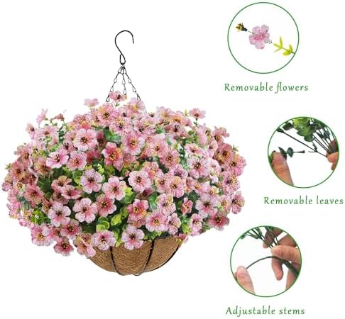 Artificial Hanging Flower Plants with Pot Planter, 12 Bundles Fake Flowers Uv Resistant Artificial Outdoor Flowers for Spring Summer Yard Porch Patio Garden and Home Decoration - Pink - Image 3